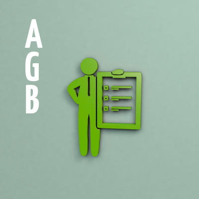 Grüne Figur mit Krawatte hält ein Dokument mit Aufzählung, daneben die Buchstaben 'AGB' vertikal